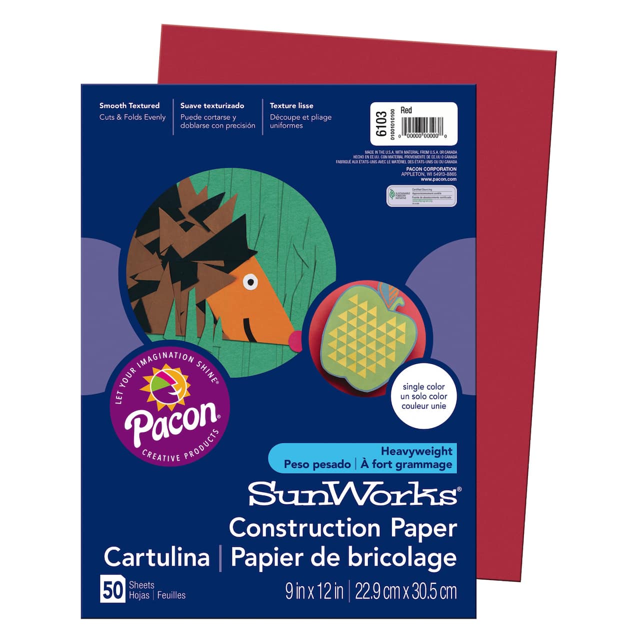 Pacon SunWorks Construction Paper, 50 Sheets, 9&#x22; x 12&#x22;, Red
